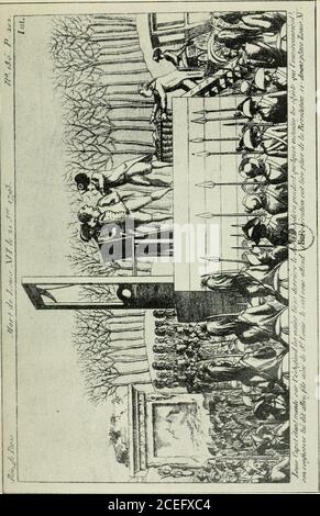 . La mort du roi (21 janvier 1793). la plancheverticale » , « pendentif qu on lui mettoit lessangles » autour des reins et aux jambes,cest à ce moment venu, semble-t-il, quele ROI commença à prononcer « dune Aoix siforte quelle elle doit être, Tour du Pont-dû ) « dune voix de stentor » % etacheva dans un tel tumulte « qu on ne pullentend à plus de six pas » , les célèbresparoles dont le texte plus sûr est certaine-ment le suivant : a Peuple, je mours innocent!Je pardonne aux auteurs de ma mort! Je prime ^ lettre de Sanson au directeur du thermomètre. (BIBL.nat., tonds français, Banque D'Images