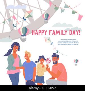 Carte de vœux de famille ou bannière avec caractères de dessin animé illustration vectorielle plate. Illustration de Vecteur