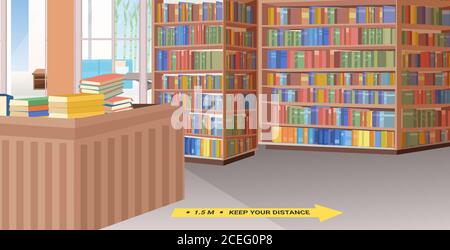 bibliothèque avec des signes de distanciation sociale jaune autocollants épidémie de coronavirus illustration vectorielle horizontale des mesures de protection Illustration de Vecteur