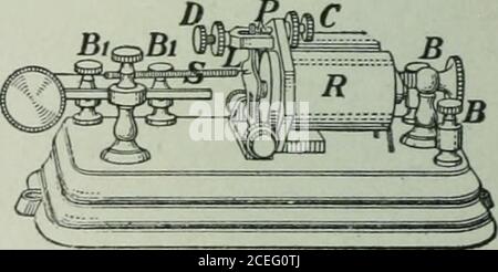 . La physique des écoles secondaires de l'Ontario. G et D. les extrémités du fil de l'aimant de tlie sont connectéavec les bornes de liaison. 510. Le relais de télégraphe. Le relais est un instrumentpour fermer automatiquement un circuit local dans un ofRce, W^henle courant dans le circuit principal, en raison de la grande résistance de la ligne, est trop faible pour faire fonctionner la sirène. Il s'agit d'une clé W^orkée par un électroaimant au lieu de la main. Figure 519 montre sa construction. Il se compose d'un électroaimant à bobine longue B, devant les pôles dont est un levier pivotant L transportant un armature en fer souple, qui est maintenu à une petite distance de Banque D'Images