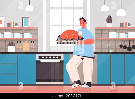 happy man préparant la dinde à la maison concept de cuisine moderne cuisine illustration vectorielle horizontale pleine longueur intérieure Illustration de Vecteur