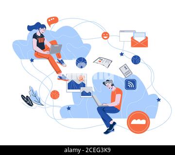 Illustration du vecteur de communication sur les réseaux sociaux et les réseaux dans le cloud. Illustration de Vecteur