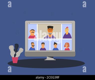Concept de séminaire en ligne. Vidéo conférence. Éducation communication à distance. Groupe d'étudiants et d'enseignants prenant part à la conférence de la maison. Appel en ligne avec Illustration de Vecteur