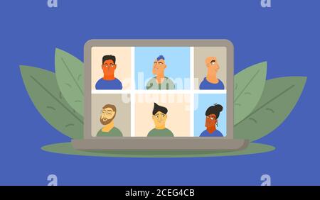 Concept de séminaire en ligne. Conversation à distance en famille. Groupe de collègues participant à une conférence d'affaires. Appel ou réunion en ligne pour une tâche à distance. Diffusez des amis. Illustration de Vecteur