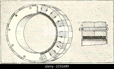 . Inde caoutchouc monde. t set corset Co., New York.] 5 = PNEU À BLOC EN BOIS ET EN CAOUTCHOUC. Le schéma joint à la tuile montre une nouvelle forme de pneu de camion à moteur, constitué de blocs alternatifs de bois et de caoutchouc, en forme de L de la jante, et a une bride détachable boulonnée d'un côté afin de compléter la gouttière annulaire qui reçoit le pneu. Un anneau solide^en caoutchouc est fourni dans la partie inférieure de la ; tcpugh, comme indiqué dans la sectionall-vjev, et les blocs sont placés dessus. Il y a t W o les rangées de lags-gered du bois et des blocs rul)bcr, wliicli arc retenu en position par des chevilles en bois qui s'adapte dans les elliptiques s. Banque D'Images