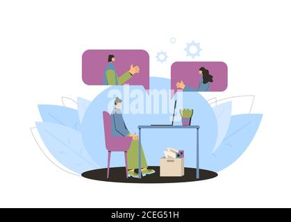 Conférence en ligne. Appel vidéo avec des collègues. Travailler à domicile. Femme assise sur un ordinateur portable et conversation avec des amis. Indépendant utilisant son ordinateur Illustration de Vecteur