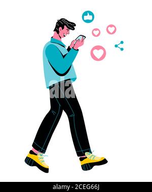 Homme marchant avec un smartphone dans les mains dessin animé illustration vectorielle isolée sur blanc. Illustration de Vecteur