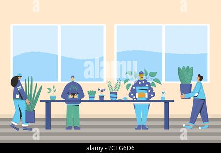 Club des amoureux de plantes. Événement communautaire pour propriétaires de maisons. Les gens se soucient de leurs fleurs en pot ensemble. Les amis de la compagnie passent le week-end avec leur hobb Illustration de Vecteur