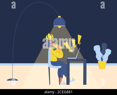 Syndrome d'épuisement. Personnage fatigué travaillant à la maison sur ordinateur. Personne stressée utilisant un ordinateur portable. Illustration vectorielle couleur plate. Illustration de Vecteur