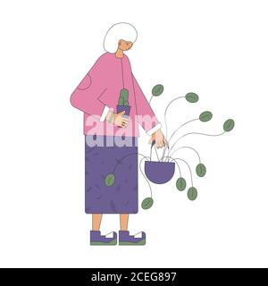 Plantes d'intérieur amant isolé sur fond blanc. Femme mature portant dans des vêtements décontractés tenant dans les mains fleurs en pot. Femme âgée avec ho Illustration de Vecteur