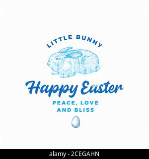 Modèle de symbole, de symbole ou de logo pour lapin de Pâques heureux. Dessin à la main de style gravure de lapin Sillfter esquisse avec Typographie rétro de classe Illustration de Vecteur