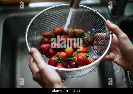 Rognez les mains des femmes en tenant la crépine métallique avec des fraises fraîches et brillantes sous l'évier, tapez sur le comptoir en bois par le dessus Banque D'Images