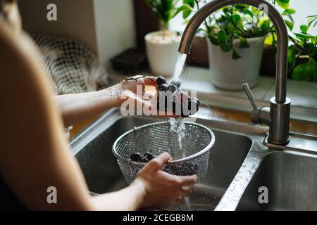 Rognez les mains des femmes en tenant la crépine métallique avec des fraises à raisins brillants sous l'évier, tapez sur le comptoir en bois par le dessus Banque D'Images