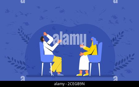 Conseils. Un homme avec un psychologue ou un psychothérapeute assis et parlant de dépression, de problèmes de communication, de problèmes de mauvais traitements. Canapé sessi Illustration de Vecteur