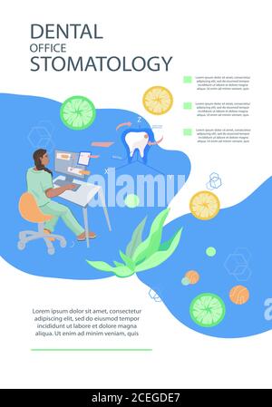 Prospectus ou dépliant de cabinet de soins dentaires et de stomatologie avec dentiste, vecteur plat. Illustration de Vecteur