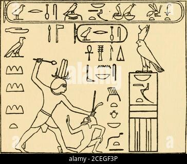 . Osiris et la résurrection égyptienne;. Le roi dix fracassant la tête d'un prisonnier de guerre.1st dynastie.. Seneferu fracassant la tête d'un prisonnier de guerre. Dynastie Hlrd ou IVth. 2o8 Osiris et la Résurrection égyptienne sont sur le point de leur cracher, puis d'être piratés à pieceset brûlés. Horus commande le serpent, en disant: Ouvrez ta bouche, écartez tes mâchoires, et athorez tes flammes contre mes pères ennemis ; Brûlez leurs corps, consommez leurs âmes par le feu qui s'émisse de ta bouche, et par les flammes qui sont dans ton corps, du Livre am-Tuat encore d'autres scènes de la torturedes ennemis o Banque D'Images