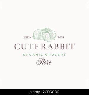 Magasin d'alimentation biologique mignon lapin. Modèle de symbole, de symbole ou de logo abstrait. Dessin à la main de style gravure lapin Sillfter esquisse avec classe Illustration de Vecteur