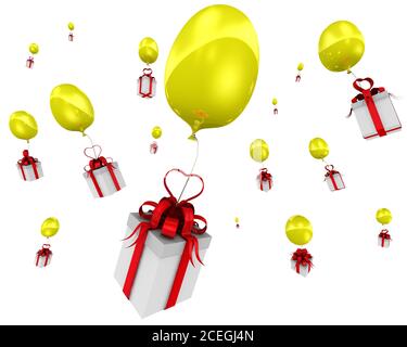 Boîtes-cadeaux volantes avec ballons jaunes. Beaucoup de boîtes-cadeaux avec un noeud rouge dans le symbole de coeur volent avec des ballons jaunes. Isolé. Illustration 3D Banque D'Images