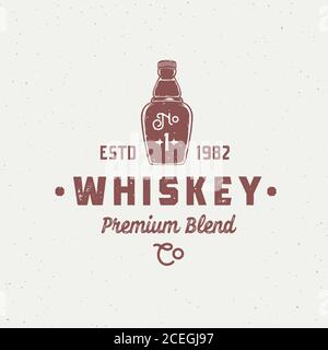 Modèle de symbole, de symbole ou de logo Premium Blend Whiskey Abstract Vector. Bouteille vintage dessinée à la main avec Typographie rétro. Carte, étiquette, affiche ou A. Illustration de Vecteur