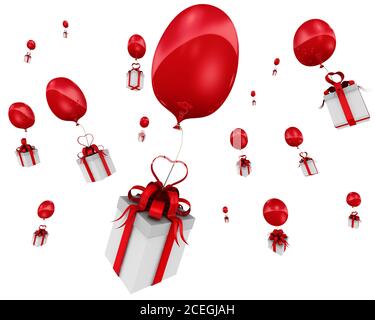 Boîtes-cadeaux volantes avec ballons. Beaucoup de boîtes-cadeaux avec un noeud rouge dans le symbole de coeur volent avec des ballons rouges. Isolé. Illustration 3D Banque D'Images