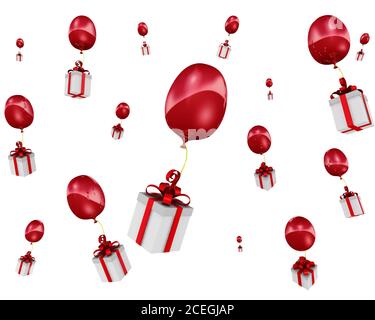 Boîtes-cadeaux volantes avec ballons. Beaucoup de boîtes-cadeaux avec un noeud rouge dans le symbole de coeur volent avec des ballons rouges. Isolé. Illustration 3D Banque D'Images