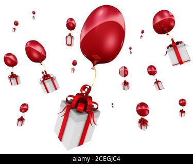 Boîtes-cadeaux volantes avec ballons. Beaucoup de boîtes-cadeaux avec un noeud rouge dans le symbole de coeur volent avec des ballons rouges. Isolé. Illustration 3D Banque D'Images