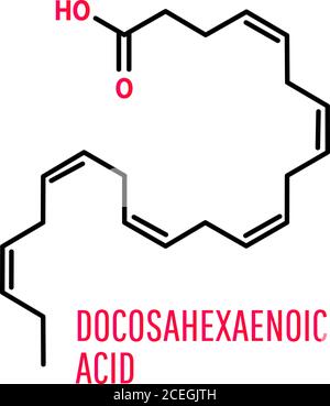 Formule chimique squelettique d'acide docosahexaénoïque, DHA, acide cervonique, molécule. Illustration vectorielle sur fond blanc Illustration de Vecteur