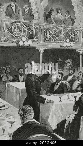 Segismundo Moret y Prendergast (1838-1913). Politicien espagnol. Espagne, Madrid. Banquet du Partido Democrático-Monárquico au Théâtre de la Alhambra, 14 novembre 1881. Banquet tenu en cadeau au chef du parti, comme signe de soutien et pour le féliciter de sa victoire parlementaire. Moret s'adresse au public. Gravure par Bernardo Rico (1825-1894). Détails. La Ilustracion Española y Americana, 1881. Banque D'Images