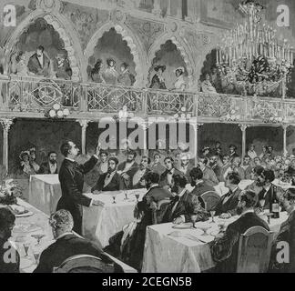 Segismundo Moret y Prendergast (1838-1913). Politicien espagnol. Espagne, Madrid. Banquet du Partido Democrático-Monárquico au Théâtre de la Alhambra, 14 novembre 1881. Banquet tenu en cadeau au chef du parti, comme signe de soutien et pour le féliciter de sa victoire parlementaire. Moret s'adresse au public. Gravure par Bernardo Rico (1825-1894). La Ilustracion Española y Americana, 1881. Banque D'Images