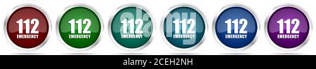 Nombre d'icônes d'urgence 112, ensemble de boutons de toile argentée métallisée dans 6 options de couleur isolées sur fond blanc Banque D'Images