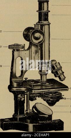 . Les bases du diagnostic en laboratoire; conçu pour les étudiants et les praticiens. Nécessaire pour voir que l'itis toujours saisi par une partie de ses pièces solides, la base ou la norme. Certaines des nouvelles marques sont fournies avec une ouverture dans la norme pour ce but même. Si l'instrument doit être utilisé quotidiennement, il doit être placé sous une cloche ou dans une armoire spécialement préparée, construite au-dessus de la table de travail. Référence à la Fig. 1 illustre le méchan-ism et les différentes parties avec lesquelles on doit becomefamiliar avant de tenter d'utiliser l'instrument. Les efforts éveillent le microscope par n'importe quel onu Banque D'Images