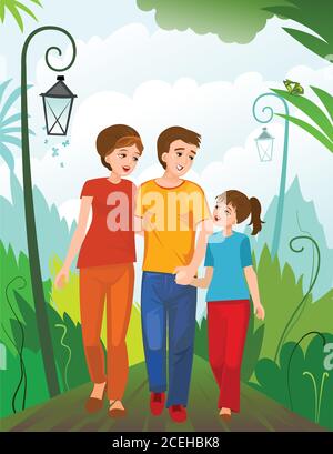 Promenade en famille dans le parc. Papa, maman et enfant marchent le long du chemin. Bonne humeur. Été. Style dessin animé plat. Illustration vectorielle d'un joli hourra Illustration de Vecteur