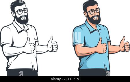Homme positif avec des lunettes barbe et un geste de pouce vers le haut Illustration de Vecteur