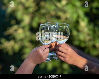 Verres à vin blancs dans les mains. Deux personnes méconnues se rassemblent en plein air. Banque D'Images