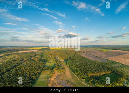 Paysage rural, vue aérienne, vue sur la campagne et forêt de pins avec un ciel magnifique Banque D'Images