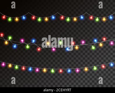 Lumières de Noël isolées sur fond transparent. Guirlande lumineuse décoration. Lampe au néon LED. Ampoule de couleur phosphorescente. Décoration lumineuse pour Noël Illustration de Vecteur