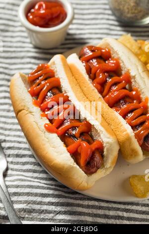 Hot Dog américain avec ketchup et chips de pommes de terre Banque D'Images