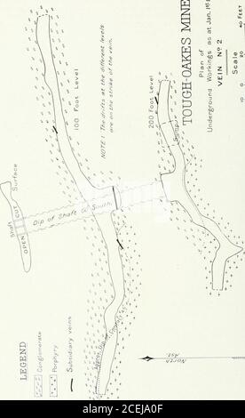 . Documents parlementaires de l'Ontario, 1914, no 3-9. Veine n° 2, dure=Mine Oakes. Photo. R. E. Hore. Jusqu'au 1er janvier 1914, les expéditions suivantes de minerai de haute qualité provenaient de la mine Tough-Oakes : expéditions de minerai Date tonnes Or argent valeurs brutes lot A lot B lot C sept. 18. 1912 décembre 21. 1912 mars 19.1913.... Juin 5. 1913 octobre 30. 1913 1.8919.9020..52.30.43 28. 28 oz. Par tonne 23 .433.6637.9064.20 oz. Par tonne 17.4522.5019.6823.0424.07 660.379.235.608.492.23 lot D 13.147.10 lot E 14.685.91 Total 101.04 46,221.20 $ jusqu'à la même date, la petite usine a traité 1,975 tonnes de minerai avec environ 50 percen Banque D'Images