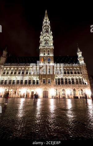 Vue panoramique nocturne de la grande place de Bruxelles ( Belgique ) sous la pluie. Exposition longue durée. Le grand palais à droite, son style baroque Banque D'Images