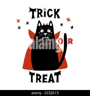 Mignon dessin animé chat porter vampire costume avec fangs, cornes et cloak rouge. Crosses de Doodle et de trick ou de traiter le lettrage. Carte de voeux pour Halloween. Isolé Illustration de Vecteur