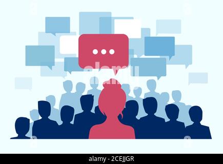 Vecteur d'un grand groupe de personnes communiquant avec la femme en rouge, ce qui soulève le problème Illustration de Vecteur