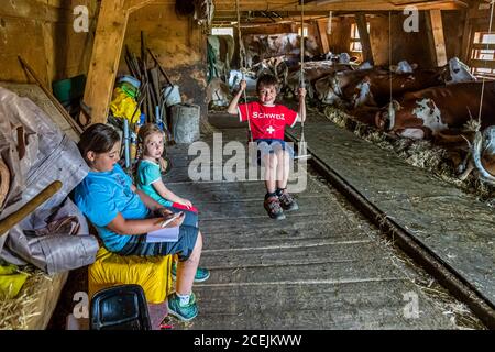 Pöris Alp avec Ankle enfants de Franziska et Christian Zurbrügg. De là, le Lenkerhof reçoit son fromage de chèvre frais. ALP Dairy, Lenk, Suisse, Lenk, Suisse Banque D'Images