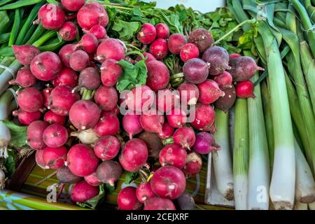 Offre d'acheter au marché des oignons, des radis et des poireaux sur les comptoirs. Les légumes sont sains et pleins de vitamines. Banque D'Images