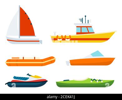 Un ensemble de bateaux de différents types et buts illustration vectorielle dans une conception plate. Illustration de Vecteur