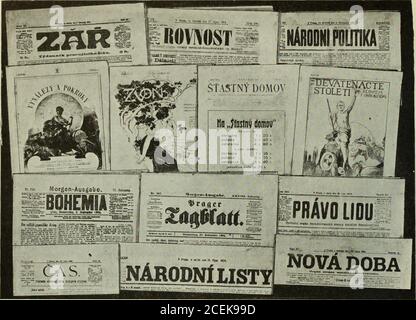 . Examen des critiques et du travail du monde. Etc. Il y a des hebdomadaires, num-bering bien dans les centièmes, qui aussi servepolitical buts. D'autres traitent de la littérature, de l'art et de la religion. Les papiers comiques de Bohème sont célèbres, tout comme les publications commerciales. Parmi les quotidiens publiés dans la langue Bo-hemienne (tchèque), le meilleur et mostwiilely distribué est le Xdrodnl Listy (NationalJournal), de Prague, la capitale. Josef Anyz est le rédacteur en chef. Il est un journaliste intelligent et un pub-liciste de la proéminence. Le Xdrodni Tisty soutient le parti tchèque "New" ou "Young". Le but du Jeune Tchèque Banque D'Images