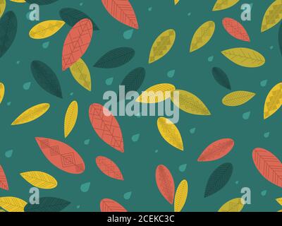 L'automne laisse un motif sans couture. Chute de feuilles, chute de feuilles et gouttes d'eau, pluie. Arrière-plan des surfaces, impression sur papier et tissu. Illustration vectorielle Illustration de Vecteur