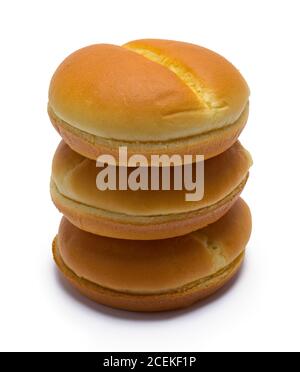 Trois petits pains Hamburger dans une pile isolée sur blanc. Banque D'Images