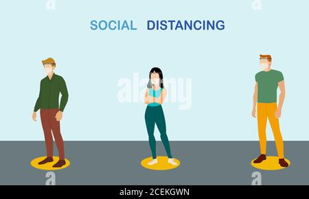 Les personnes en attente font la file d'attente avec un texte de distance sociale Illustration de Vecteur