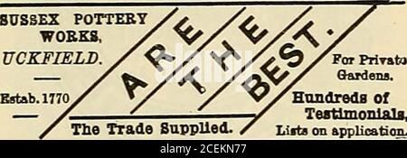 . The Gardeners' Chronicle : une revue hebdomadaire illustrée de l'horticulture et des sujets apparentés. UNIQUEMENT. TUCKER, TOTTENHAM. TROIS MINUTES À PIED DE LA GARE DE SEVEN SISTERS, GRANDE VOIE FERRÉE DE L'EST. 282 LA CHRONIQUE DE GJRDENEBS. [7 septembre 1895. RICHARDS NOTE DE LA TOURBE. (Échange fourni selon les meilleures conditions). Un grand stock de TOURBE D'ORCHIDÉE de qualité supérieure. Aussi Forcuisinière et plantes à effet de serre. Fougères, Rhododendrons, & c. Sous le sac, yard cube, tonne, ou camion-charge. On peut le voir à Bulkat London Wharf. Envoi immédiat par tout Rail ou Steamer.Prompt et devis spéciaux pour livraison à n'importe quelle Station. G. H. RICHARDS, Banque D'Images