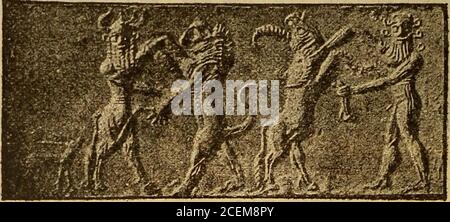 . La Sainte Bible contenant l'ancien et le Nouveau Testament ... Le Dieu LUNAIRE Babylonien. (D'une impression d'un joint cylindrique au thf British Museum.) Les héros assyriens, GILGAMISH et EABANl, se battent avec un lion et un taureau. (D'une impression d'un joint cylindrique dans le British Museum.) Banque D'Images